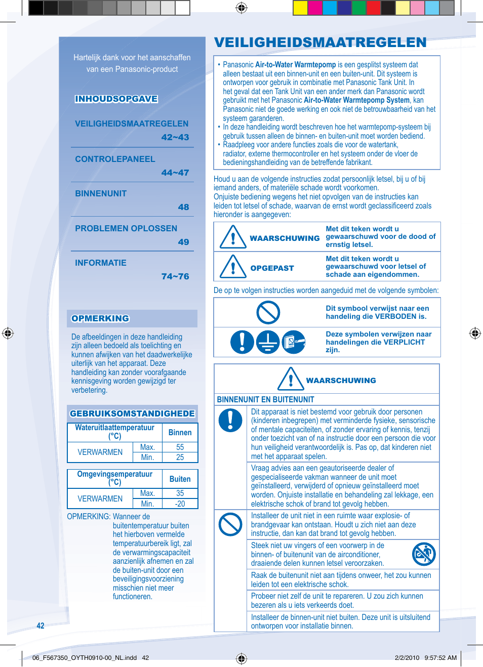 Veiligheidsmaatregelen | Panasonic WHUD09CE5 User Manual | Page 42 / 76