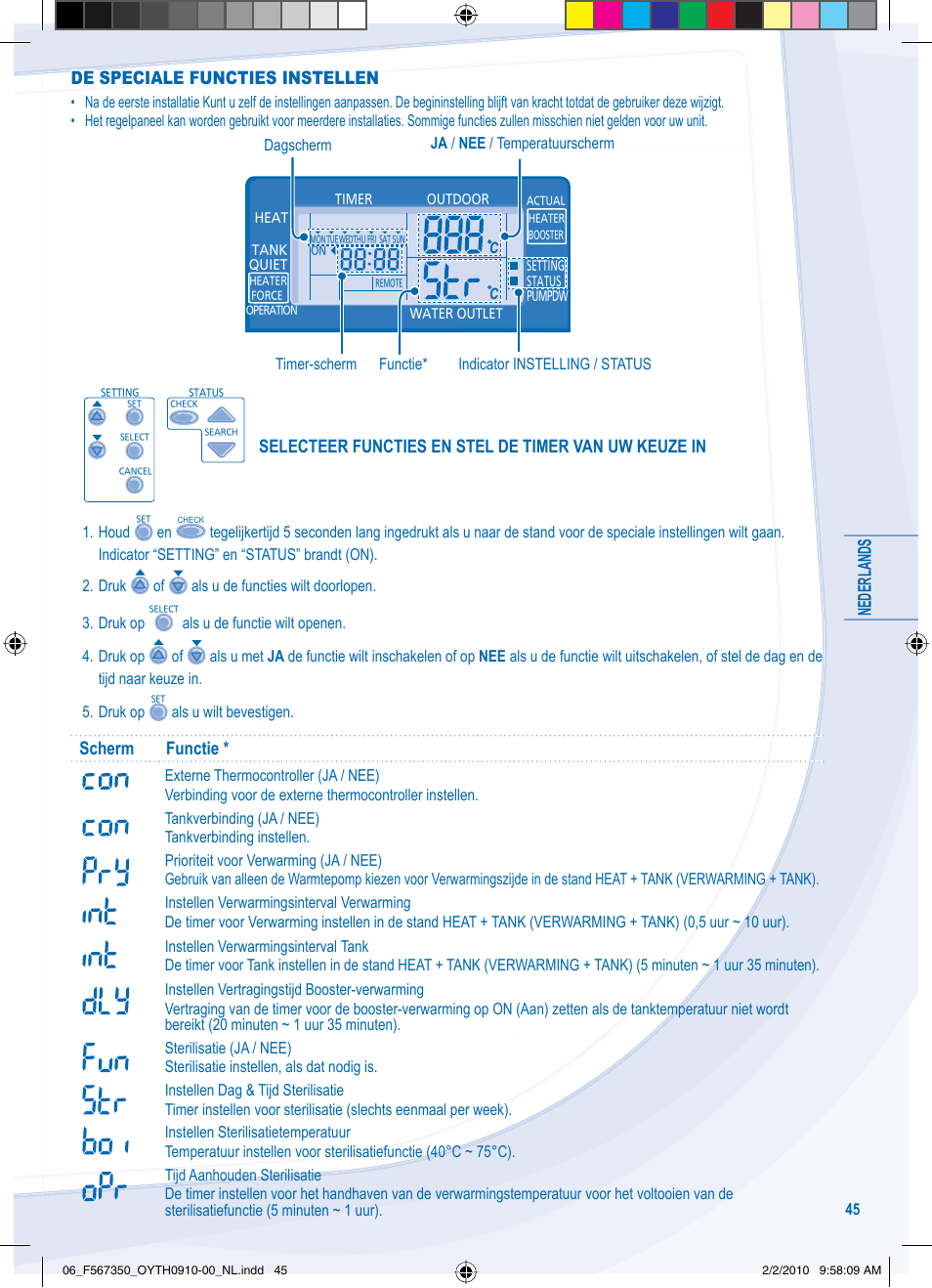 Nederlands, De speciale functies instellen, Scherm functie | Panasonic WHUD09CE5 User Manual | Page 45 / 76