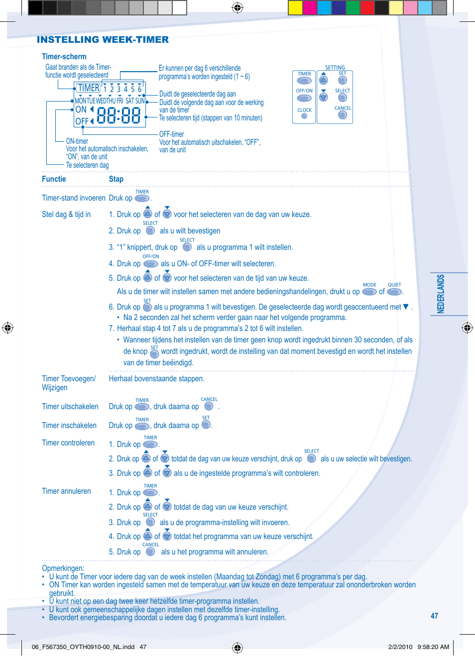 Nederlands, Instelling week-timer | Panasonic WHUD09CE5 User Manual | Page 47 / 76