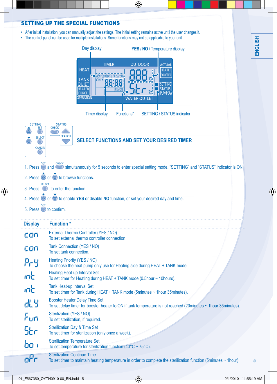 English, Setting up the special functions, Select functions and set your desired timer | Display function | Panasonic WHUD09CE5 User Manual | Page 5 / 76