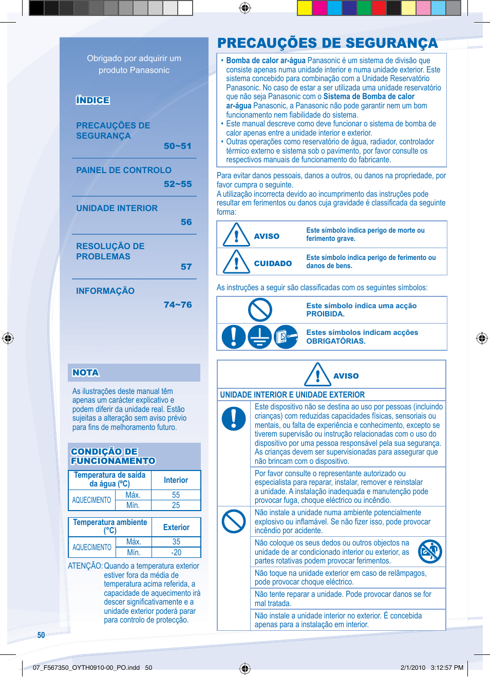 Precauções de segurança | Panasonic WHUD09CE5 User Manual | Page 50 / 76