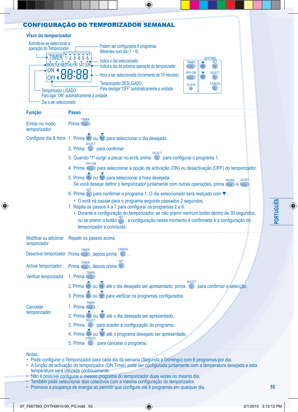 Português, Configuração do temporizador semanal | Panasonic WHUD09CE5 User Manual | Page 55 / 76