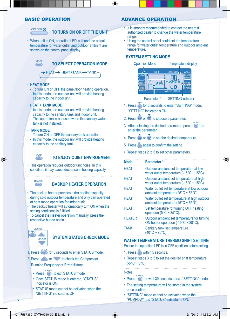 Basic operation, Backup heater operation, System status check mode | System setting mode, Water temperature thermo shift setting, Advance operation | Panasonic WHUD09CE5 User Manual | Page 6 / 76