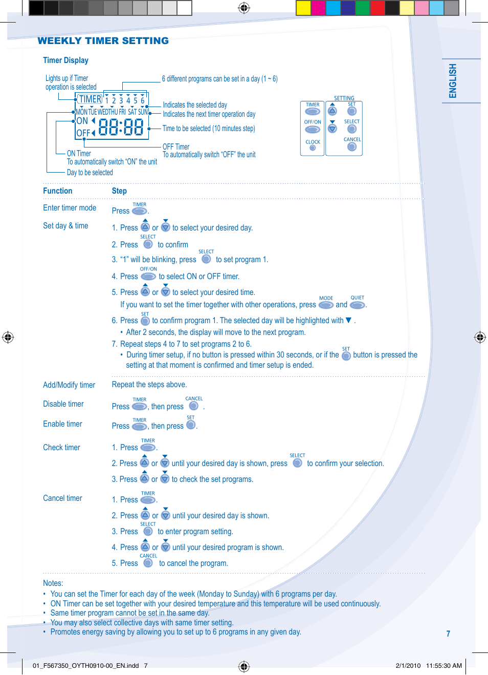 English, Weekly timer setting | Panasonic WHUD09CE5 User Manual | Page 7 / 76