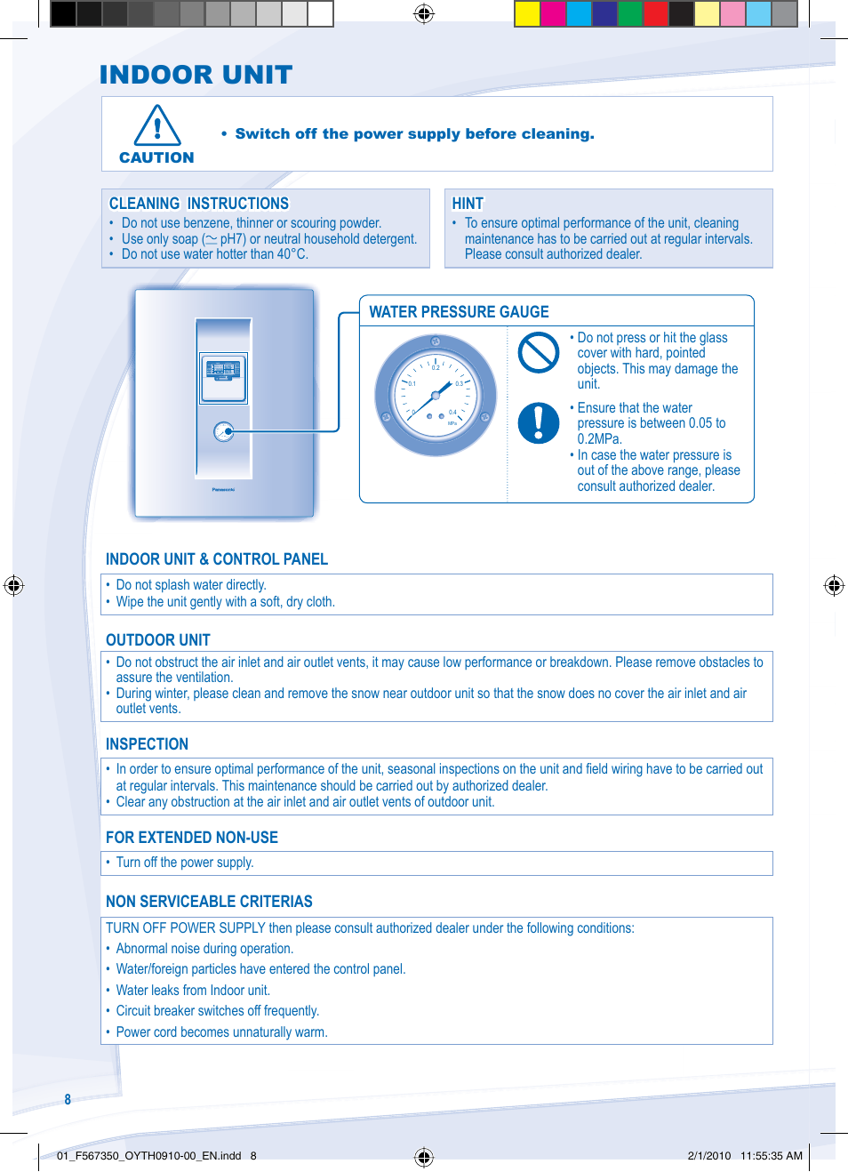 Indoor unit | Panasonic WHUD09CE5 User Manual | Page 8 / 76