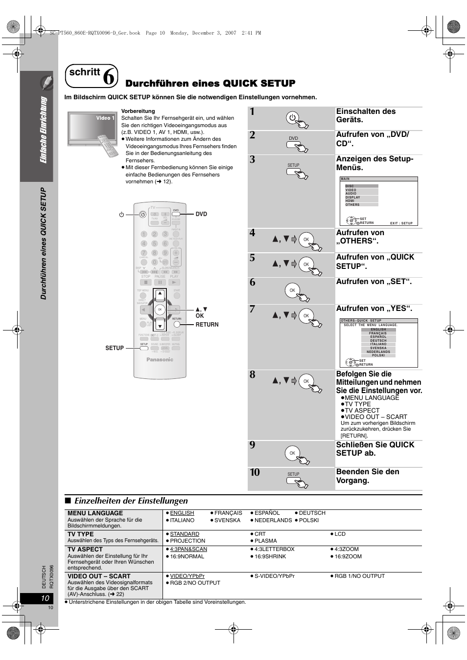 Schritt, Durchführen eines quick setup, Einzelheiten der einstellungen | Einfac he e inrichtung, Einschalten des geräts, Aufrufen von „dvd/ cd, Anzeigen des setup- menüs, Aufrufen von „others, Aufrufen von „quick setup, Aufrufen von „set | Panasonic SCPT560 User Manual | Page 10 / 116