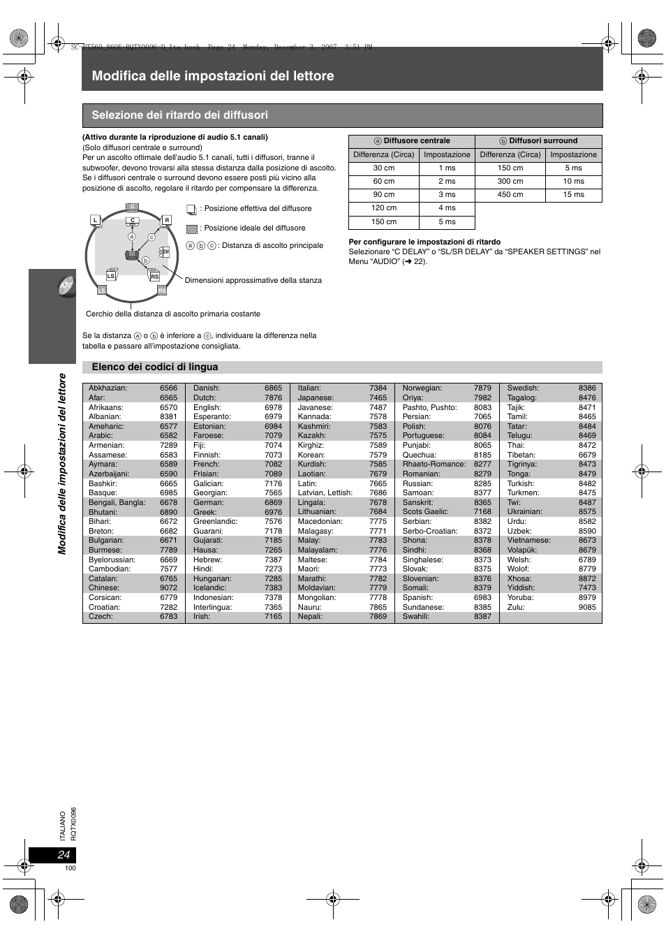 Modifica delle impostazioni del lettore, Selezione dei ritardo dei diffusori | Panasonic SCPT560 User Manual | Page 100 / 116
