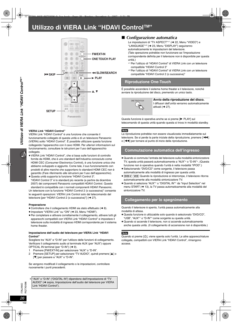 Utilizzo di viera link “hdavi control, Configurazione automatica, Riproduzione one-touch | Utilizzo di viera link “hd a vi contr o l | Panasonic SCPT560 User Manual | Page 102 / 116