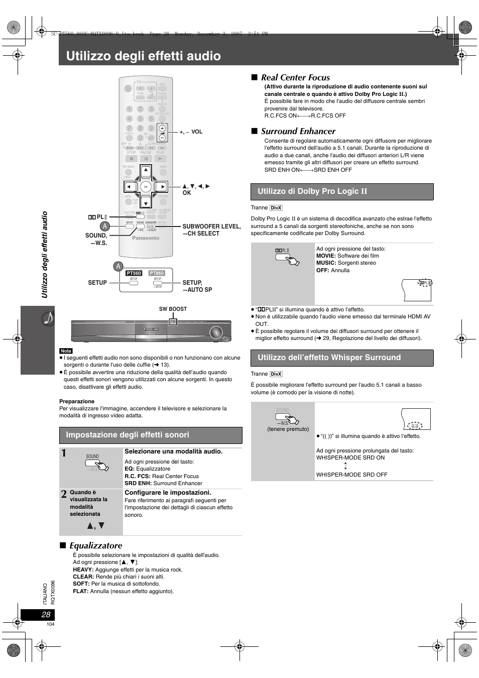 Utilizzo degli effetti audio, Equalizzatore, Real center focus | Surround enhancer, Impostazione degli effetti sonori, Utilizzo di dolby pro logic ii, Utilizzo dell’effetto whisper surround, Utili zzo degl i eff e tti au di o | Panasonic SCPT560 User Manual | Page 104 / 116