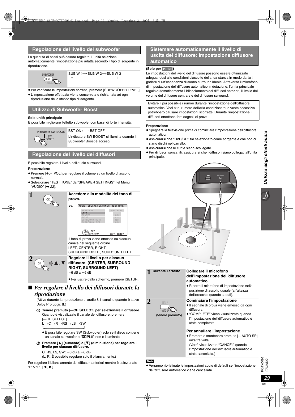 Regolazione del livello del subwoofer, Utilizzo di subwoofer boost, Regolazione del livello dei diffusori | Panasonic SCPT560 User Manual | Page 105 / 116