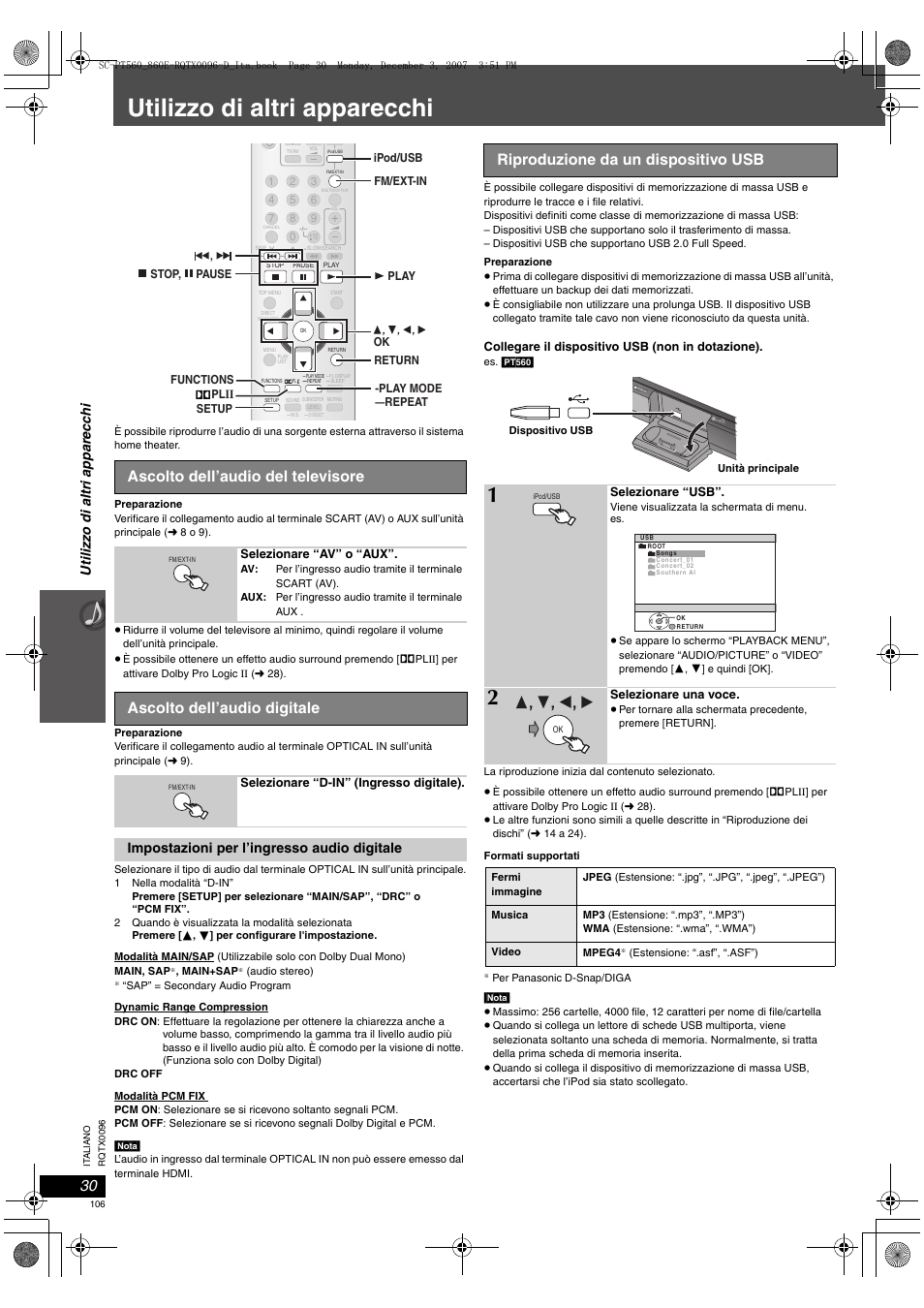 Utilizzo di altri apparecchi, Ascolto dell’audio del televisore, Ascolto dell’audio digitale | Riproduzione da un dispositivo usb, Utili zzo di altri ap parecc h i, Impostazioni per l’ingresso audio digitale, Open close | Panasonic SCPT560 User Manual | Page 106 / 116