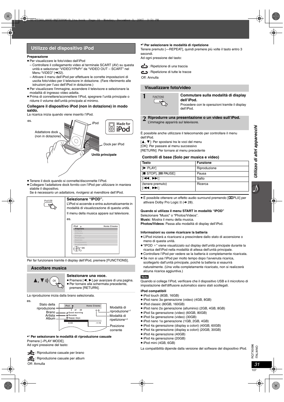 Utilizzo del dispositivo ipod | Panasonic SCPT560 User Manual | Page 107 / 116