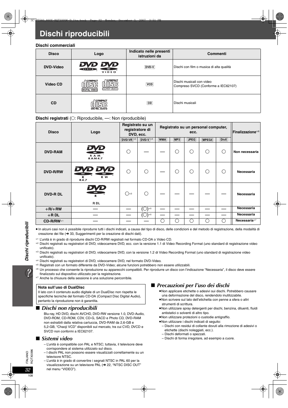 Dischi riproducibili, Dischi non riproducibili, Sistemi video | Precauzioni per l’uso dei dischi | Panasonic SCPT560 User Manual | Page 108 / 116