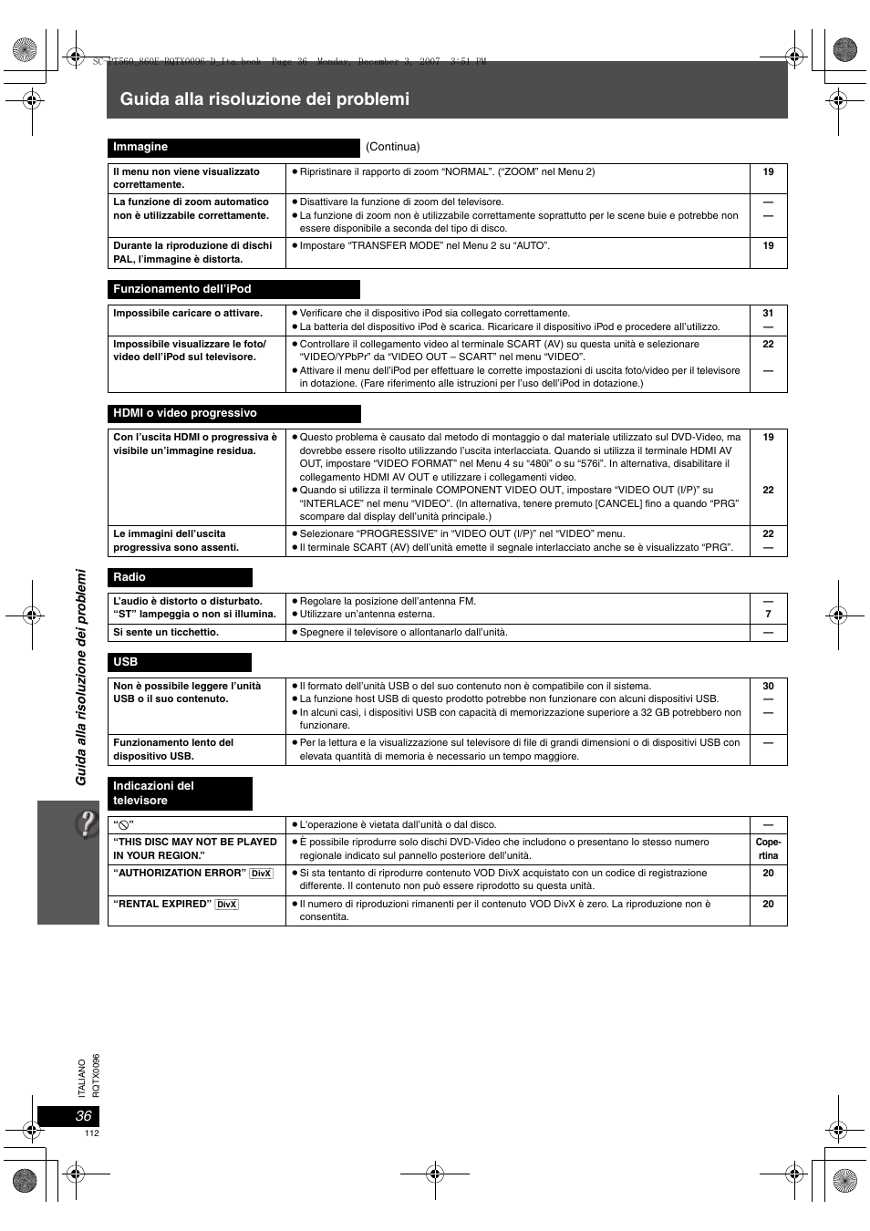 Guida alla risoluzione dei problemi | Panasonic SCPT560 User Manual | Page 112 / 116