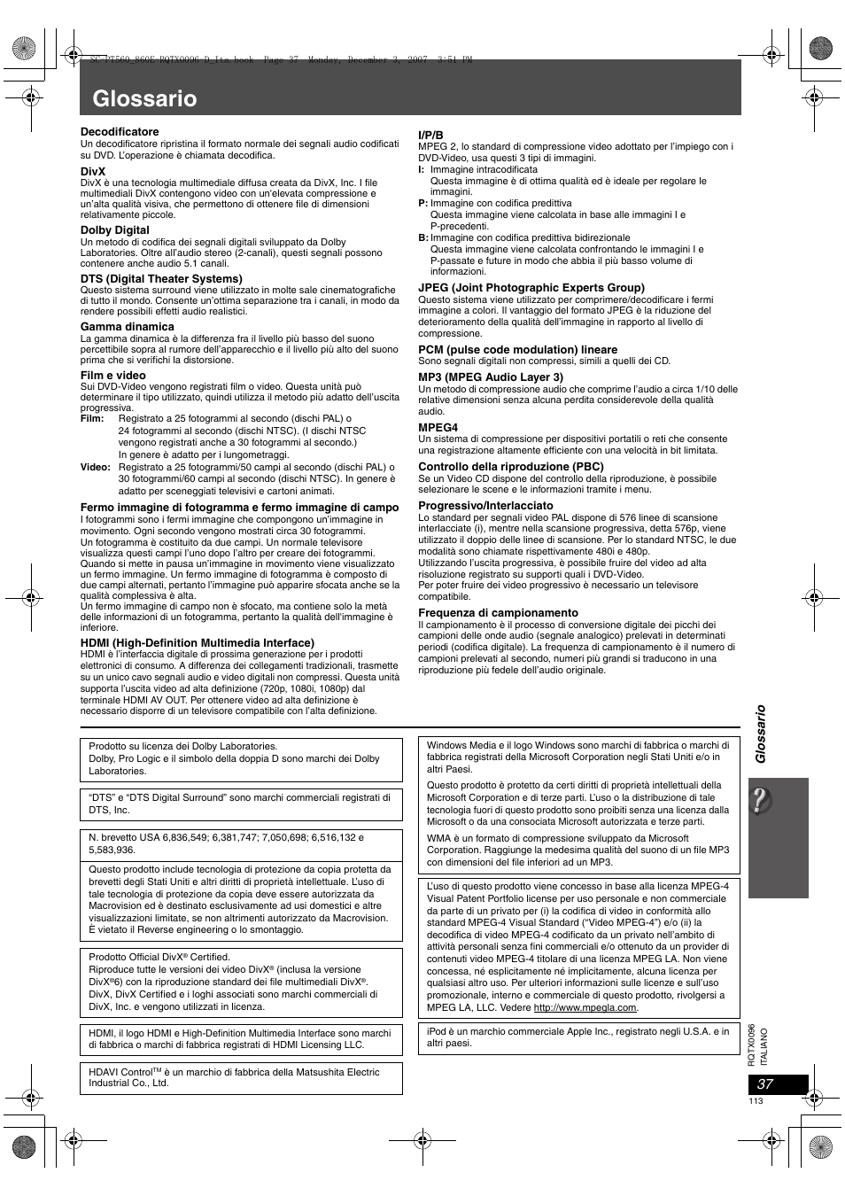Glossario | Panasonic SCPT560 User Manual | Page 113 / 116