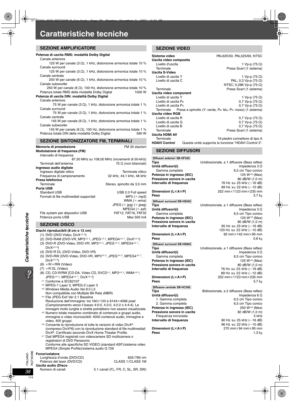 Caratteristiche tecniche, Car a tteristic he tecnic he | Panasonic SCPT560 User Manual | Page 114 / 116