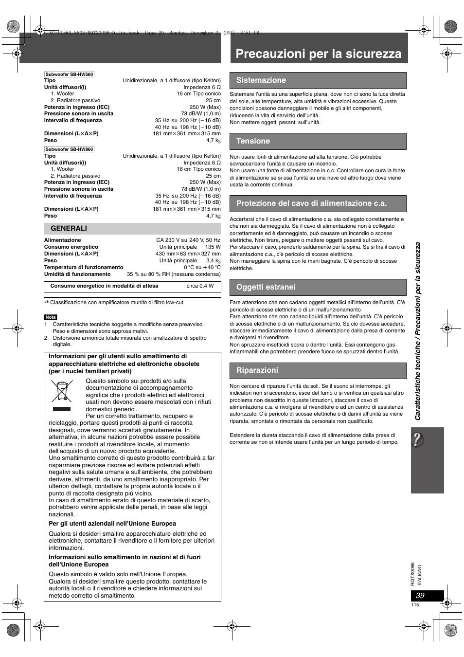 Precauzioni per la sicurezza | Panasonic SCPT560 User Manual | Page 115 / 116