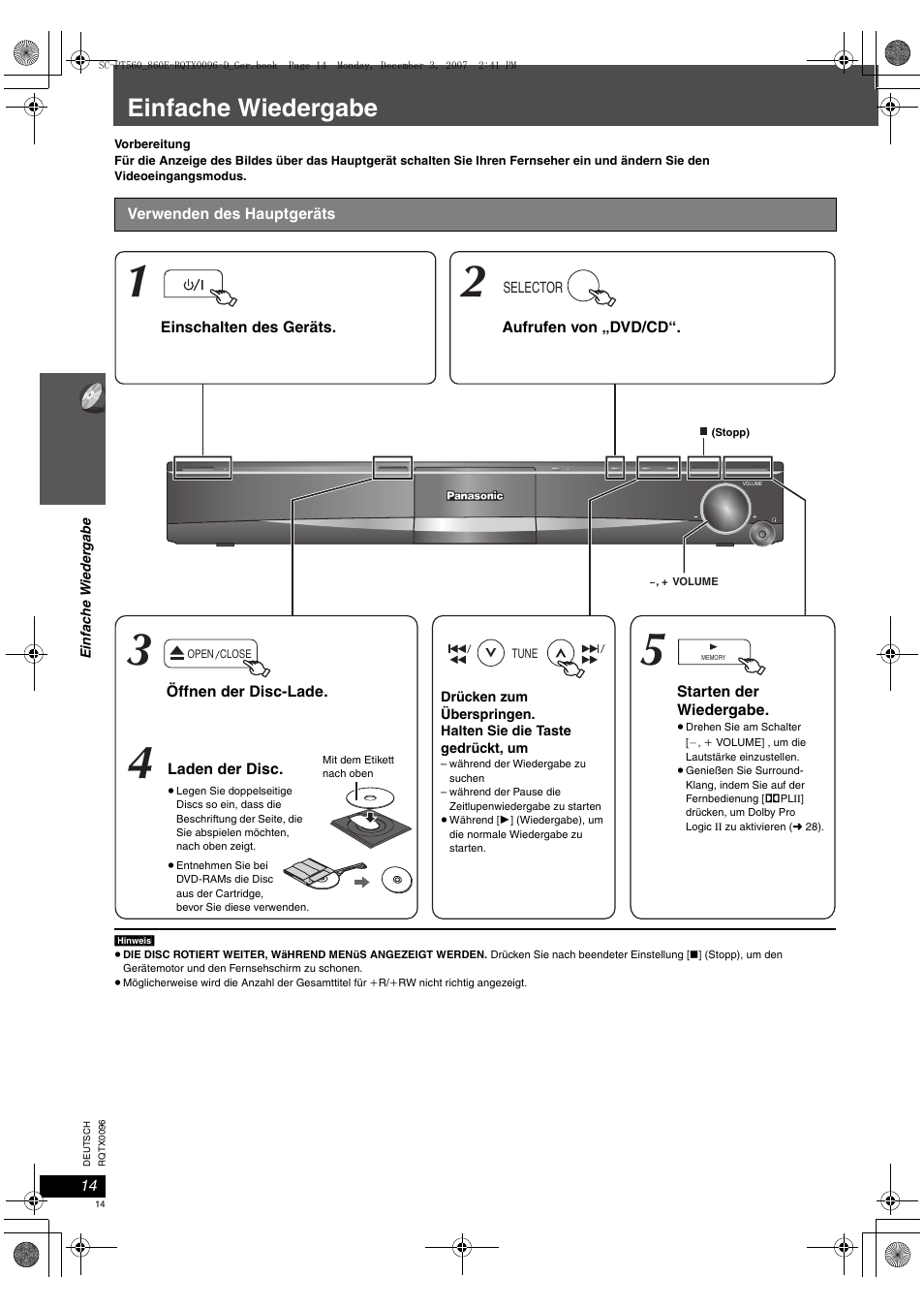Einfache wiedergabe | Panasonic SCPT560 User Manual | Page 14 / 116