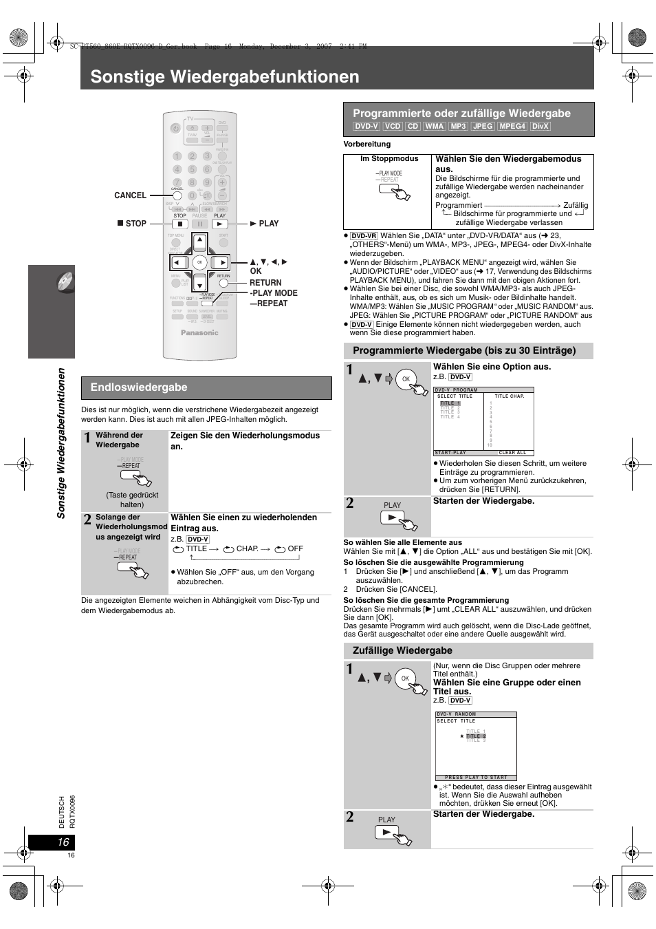 Sonstige wiedergabefunktionen, Endloswiedergabe, Programmierte oder zufällige wiedergabe | Sonsti g e wi ed er gabefun k tio n en, Programmierte wiedergabe (bis zu 30 einträge), Zufällige wiedergabe | Panasonic SCPT560 User Manual | Page 16 / 116