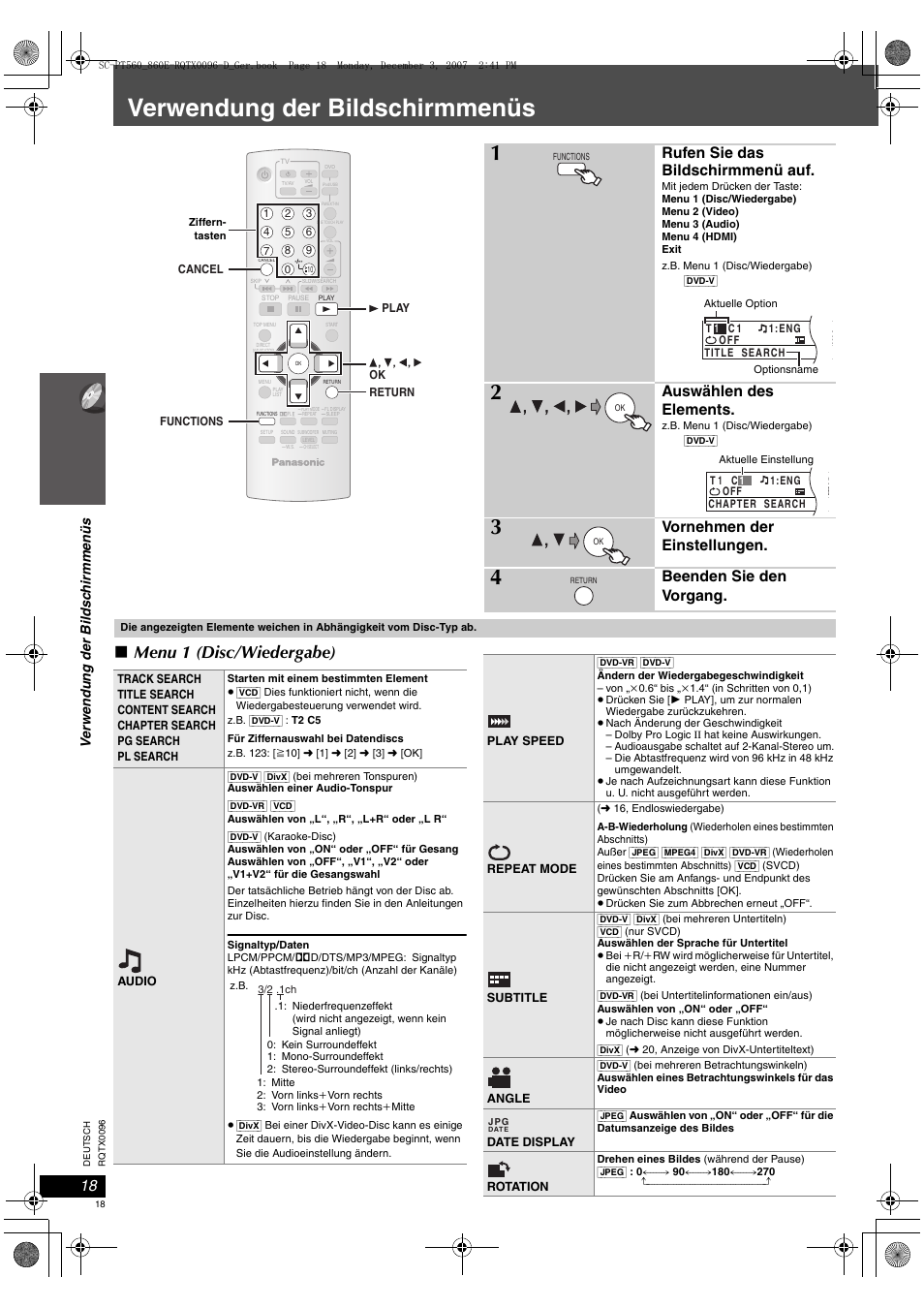 Verwendung der bildschirmmenüs, Menu 1 (disc/wiedergabe), Rufen sie das bildschirmmenü auf | Auswählen des elements, Vornehmen der einstellungen, Beenden sie den vorgang | Panasonic SCPT560 User Manual | Page 18 / 116