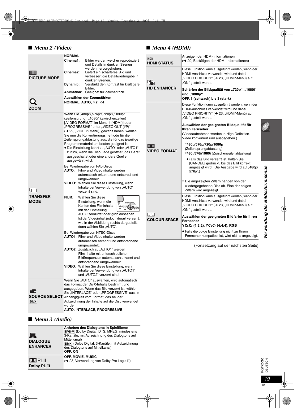Menu 2 (video) ∫ menu 3 (audio) ∫ menu 4 (hdmi), Plii | Panasonic SCPT560 User Manual | Page 19 / 116