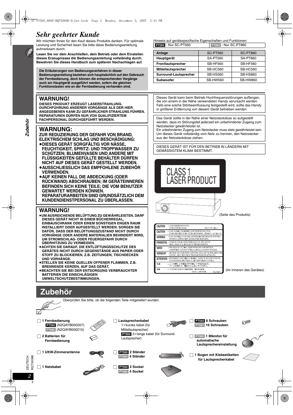 Zubehör, Sehr geehrter kunde, Warnung | Panasonic SCPT560 User Manual | Page 2 / 116