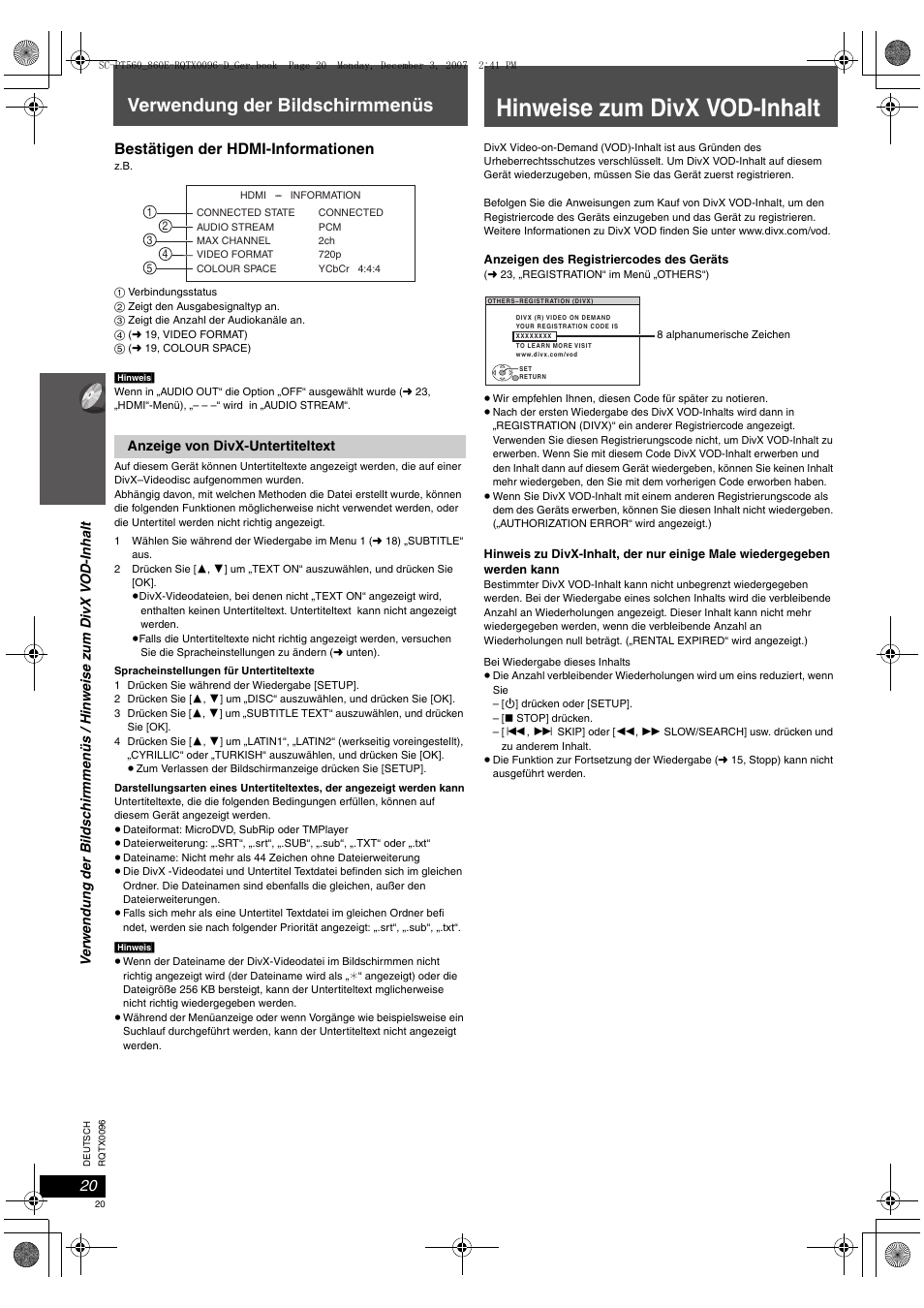 Hinweise zum divx vod-inhalt, Verwendung der bildschirmmenüs, Bestätigen der hdmi-informationen | Panasonic SCPT560 User Manual | Page 20 / 116