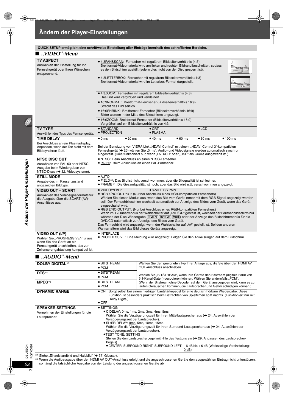 Ändern der player-einstellungen, Video “ -menü ∫ „ audio “ -menü | Panasonic SCPT560 User Manual | Page 22 / 116