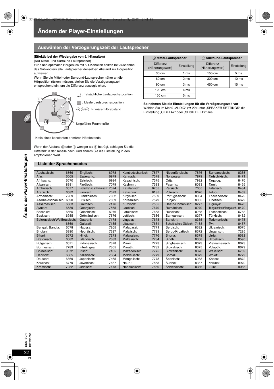 Ändern der player-einstellungen, Auswählen der verzögerungszeit der lautsprecher | Panasonic SCPT560 User Manual | Page 24 / 116