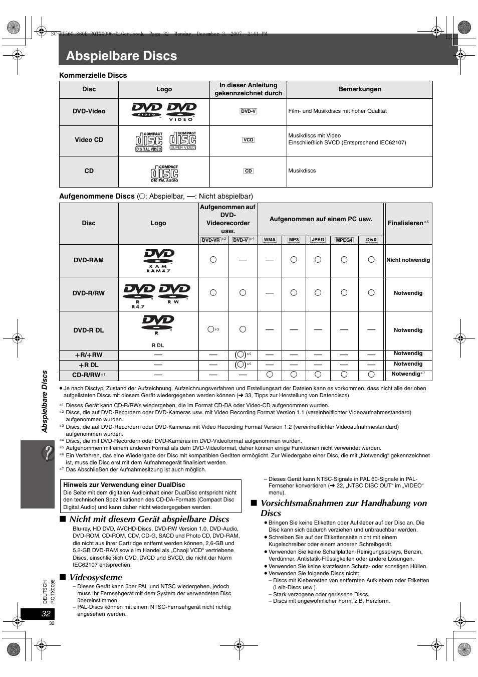 Abspielbare discs, Nicht mit diesem gerät abspielbare discs, Videosysteme | Vorsichtsmaßnahmen zur handhabung von discs | Panasonic SCPT560 User Manual | Page 32 / 116