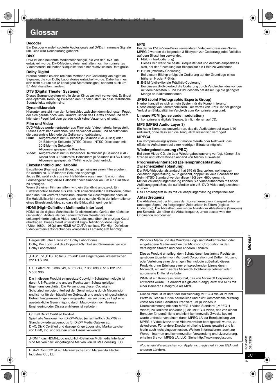 Glossar | Panasonic SCPT560 User Manual | Page 37 / 116