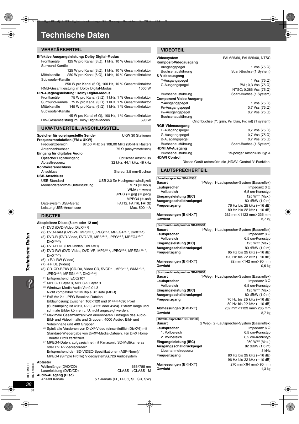 Technische daten | Panasonic SCPT560 User Manual | Page 38 / 116