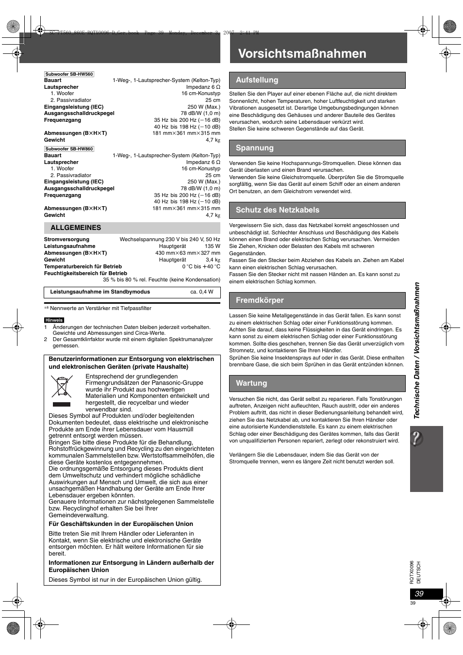 Vorsichtsmaßnahmen | Panasonic SCPT560 User Manual | Page 39 / 116
