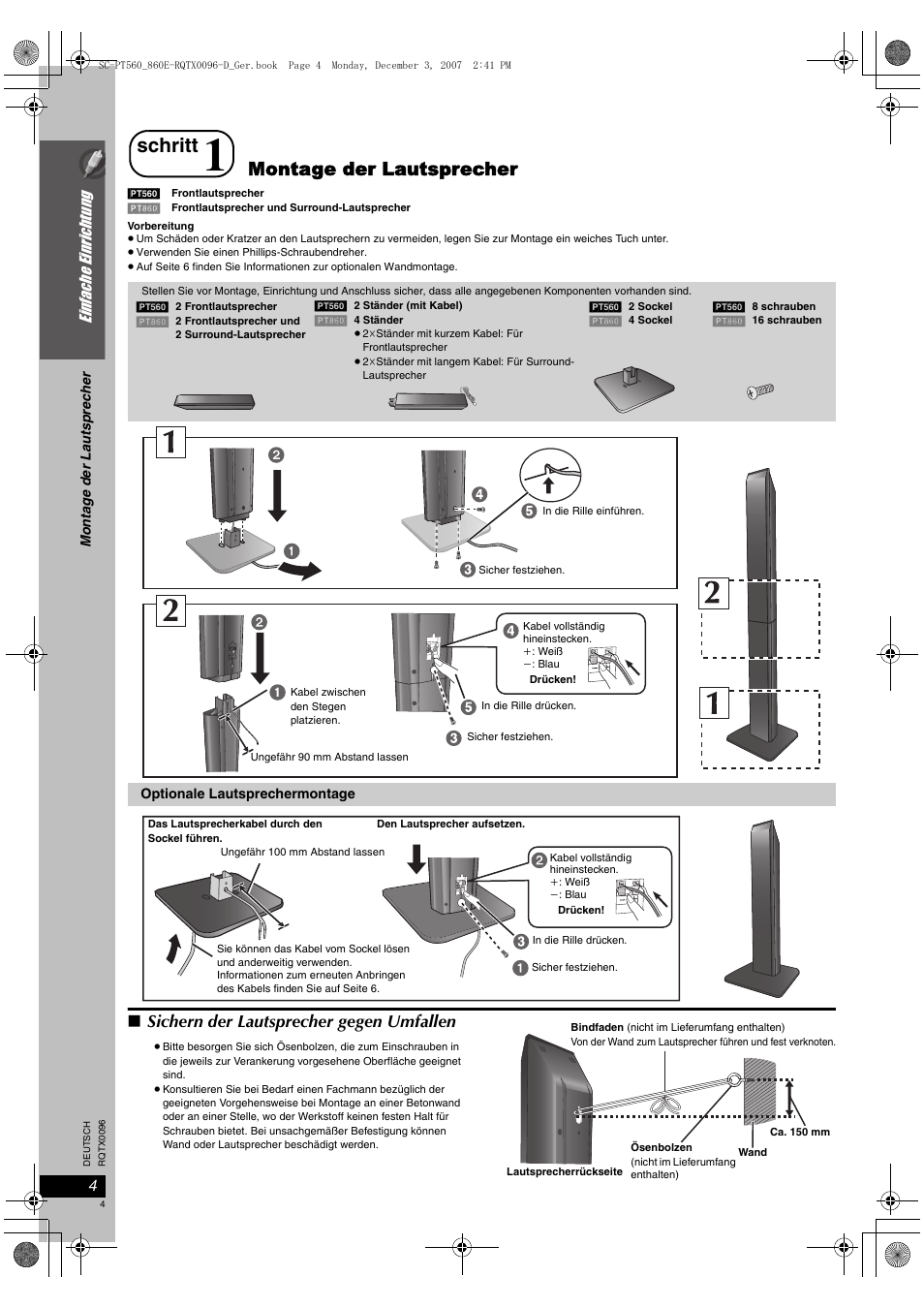Schritt, Montage der lautsprecher, Sichern der lautsprecher gegen umfallen | Panasonic SCPT560 User Manual | Page 4 / 116