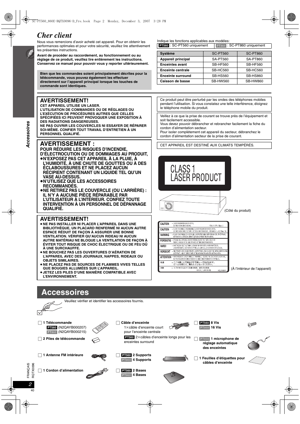 Accessoires, Cher client, Avertissement | Panasonic SCPT560 User Manual | Page 40 / 116