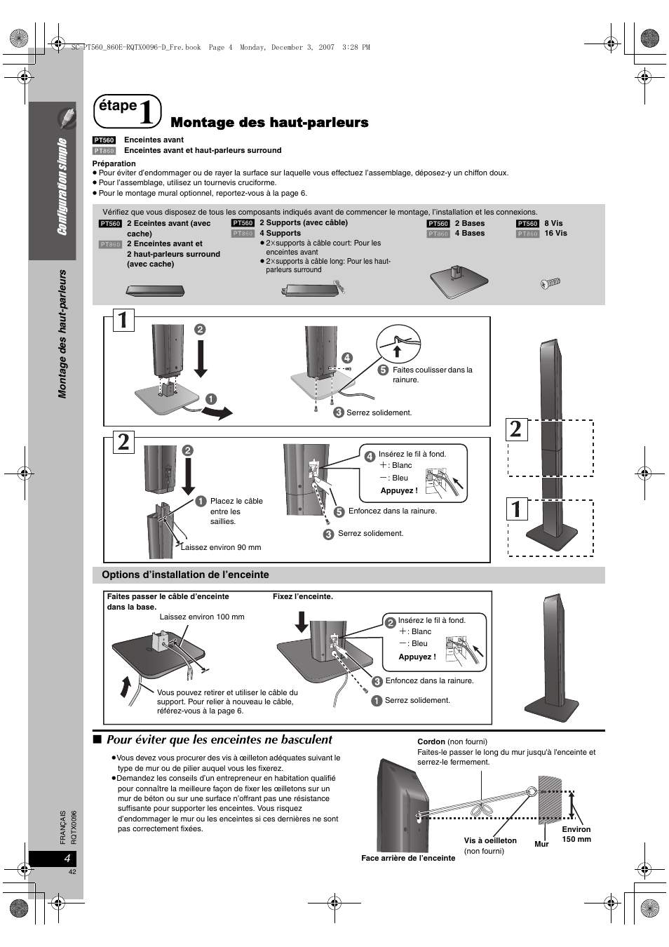 Étape, Montage des haut-parleurs, Pour éviter que les enceintes ne basculent | Configur ation si mple | Panasonic SCPT560 User Manual | Page 42 / 116