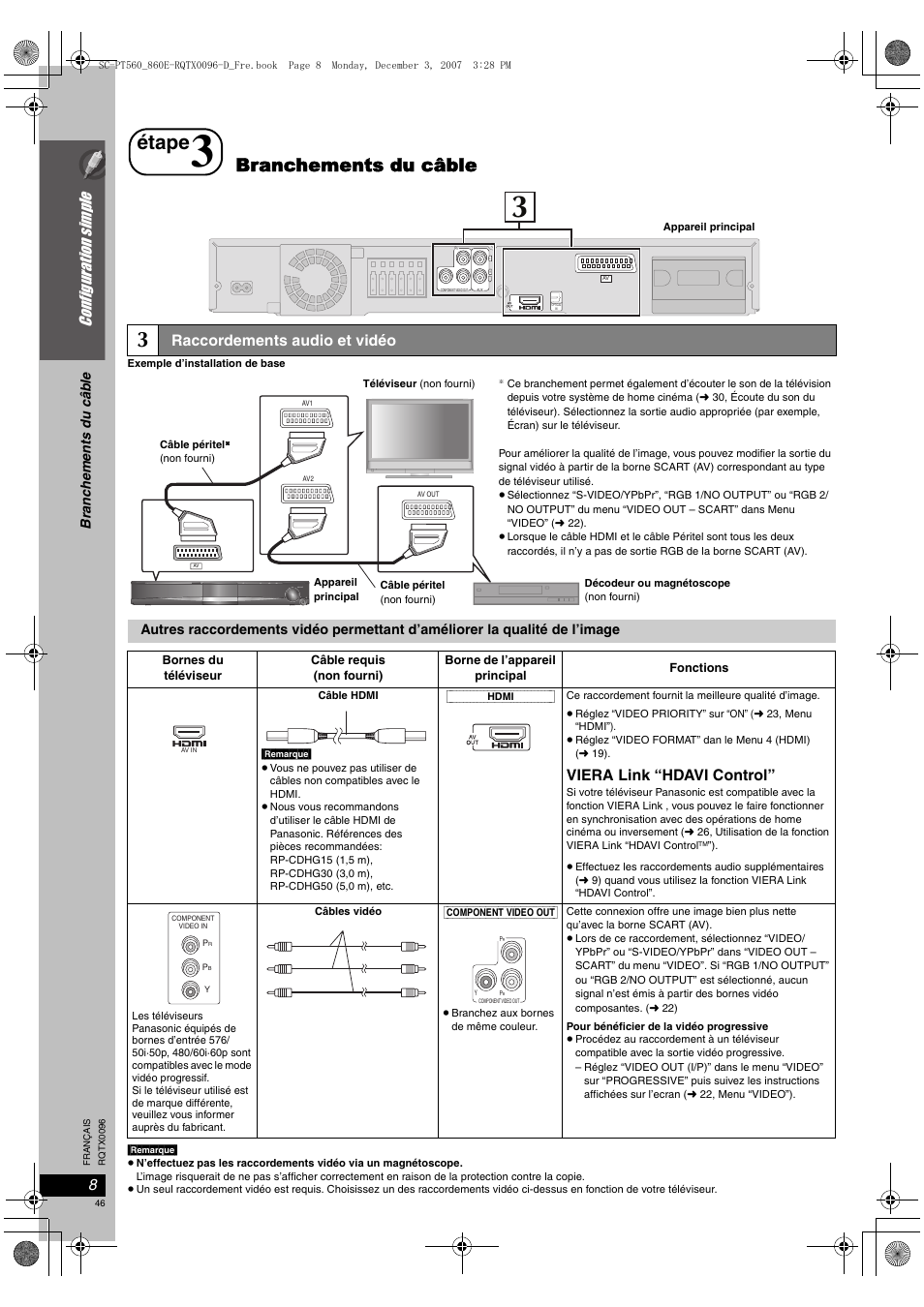 Étape, Branchements du câble, Configurati on simple | Raccordements audio et vidéo, Viera link “hdavi control, Volume | Panasonic SCPT560 User Manual | Page 46 / 116