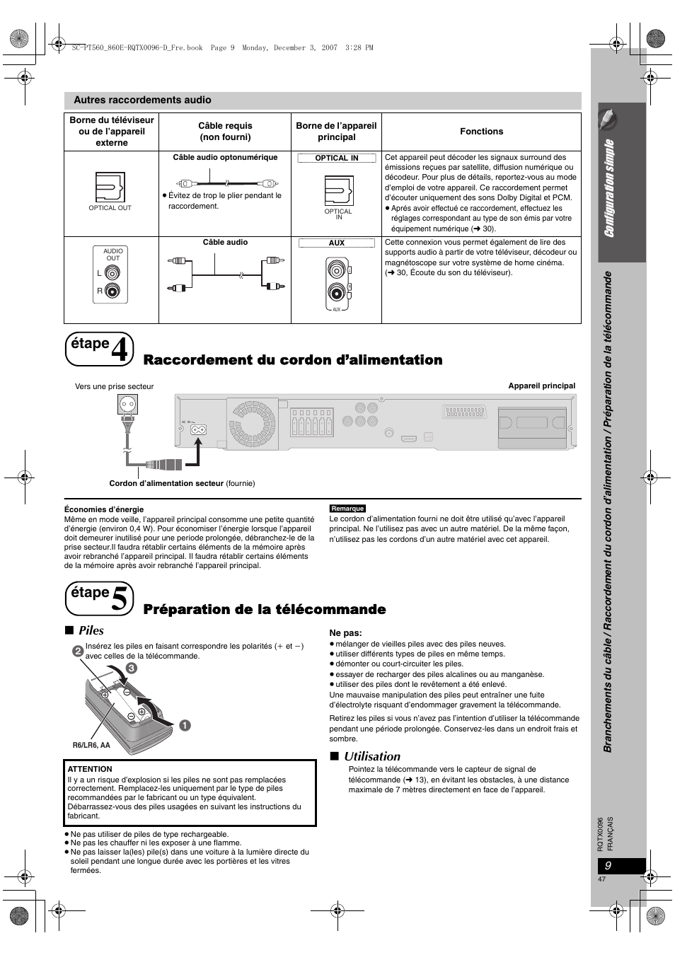 Étape, Raccordement du cordon d’alimentation, Préparation de la télécommande | Piles, Utilisation | Panasonic SCPT560 User Manual | Page 47 / 116