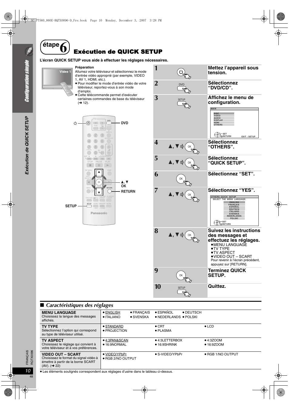 Étape, Exécution de quick setup, Caractéristiques des réglages | Configurati on simple, Mettez l’appareil sous tension, Sélectionnez “dvd/cd, Affichez le menu de configuration, Sélectionnez “others, Sélectionnez “quick setup, Sélectionnez “set | Panasonic SCPT560 User Manual | Page 48 / 116