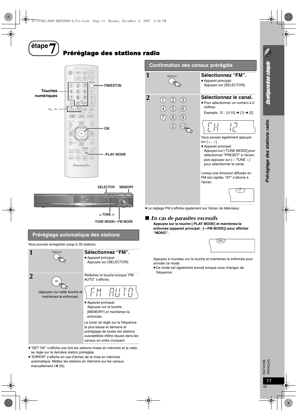 Étape, Préréglage des stations radio, En cas de parasites excessifs | Configur ation si mple, Préréglage automatique des stations, Sélectionnez “fm, Confirmation des canaux préréglés, Sélectionnez le canal | Panasonic SCPT560 User Manual | Page 49 / 116