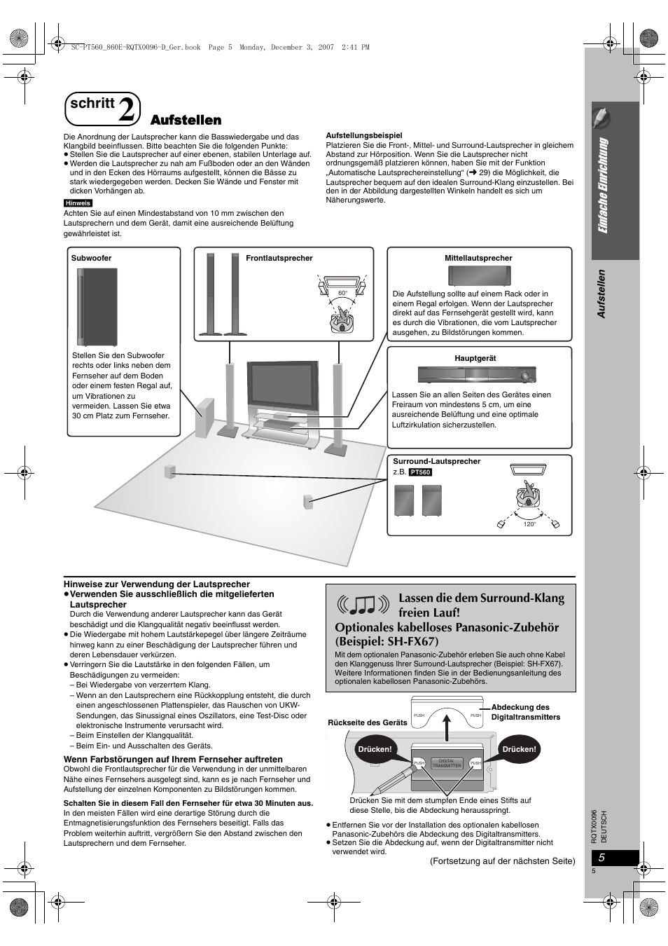 Schritt, Aufstellen, Ei nf ach e ei nr ic ht un g | Panasonic SCPT560 User Manual | Page 5 / 116