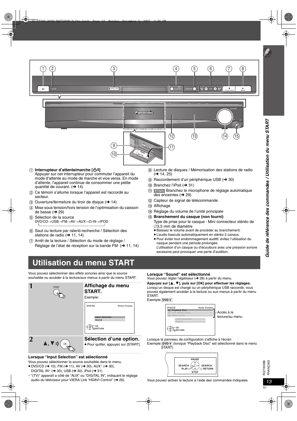 Utilisation du menu start, Affichage du menu start, Sélection d’une option | Panasonic SCPT560 User Manual | Page 51 / 116