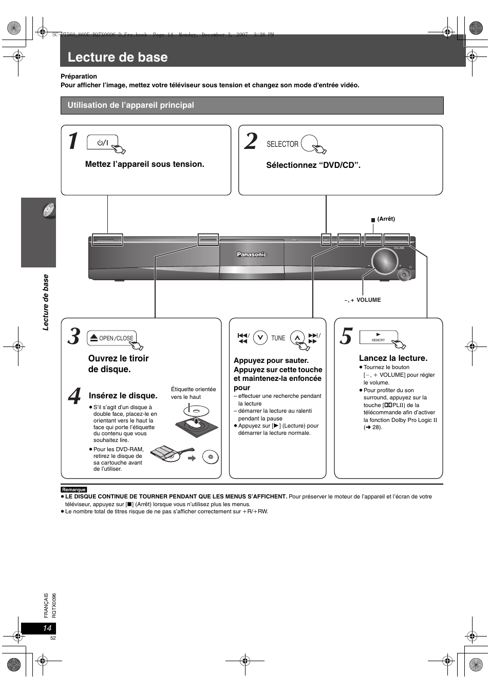 Lecture de base | Panasonic SCPT560 User Manual | Page 52 / 116