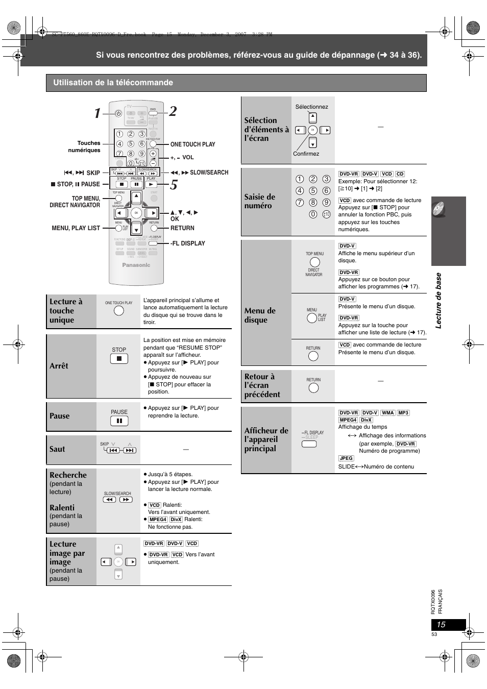 Arrêt, Pause, Saut recherche | Ralenti, Lecture image par image, Sélection d’éléments à l’écran saisie de numéro, Menu de disque, Lecture de base | Panasonic SCPT560 User Manual | Page 53 / 116