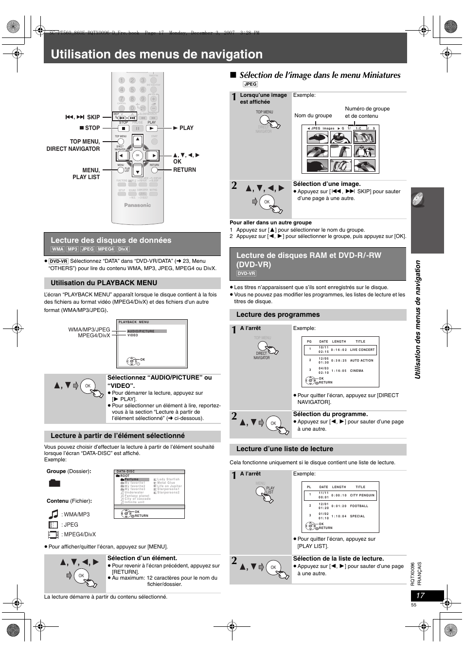 Utilisation des menus de navigation, Sélection de l’image dans le menu miniatures, Lecture des disques de données | Lecture de disques ram et dvd-r/-rw (dvd-vr), Utilisation du playback menu, Lecture à partir de l’élément sélectionné, Lecture des programmes, Lecture d’une liste de lecture | Panasonic SCPT560 User Manual | Page 55 / 116