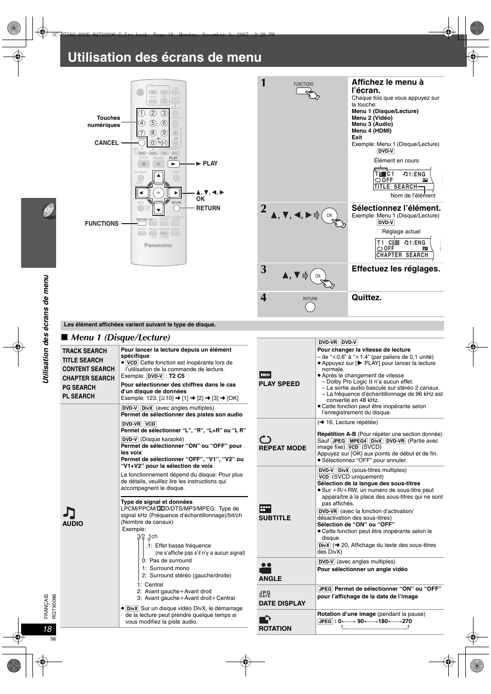 Utilisation des écrans de menu, Menu 1 (disque/lecture), Affichez le menu à l’écran | Sélectionnez l’élément, Effectuez les réglages, Quittez, Utilisa tion de s écr ans de men u | Panasonic SCPT560 User Manual | Page 56 / 116