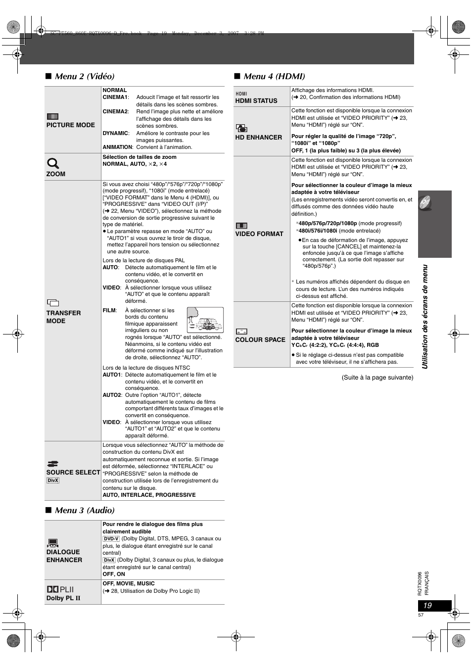 Menu 2 (vidéo) ∫ menu 3 (audio) ∫ menu 4 (hdmi), Plii | Panasonic SCPT560 User Manual | Page 57 / 116