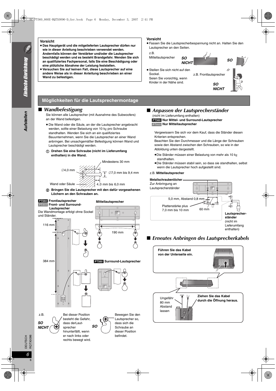 Wandbefestigung, Anpassen der lautsprecherständer, Erneutes anbringen des lautsprecherkabels | Einfac he e inrichtung | Panasonic SCPT560 User Manual | Page 6 / 116
