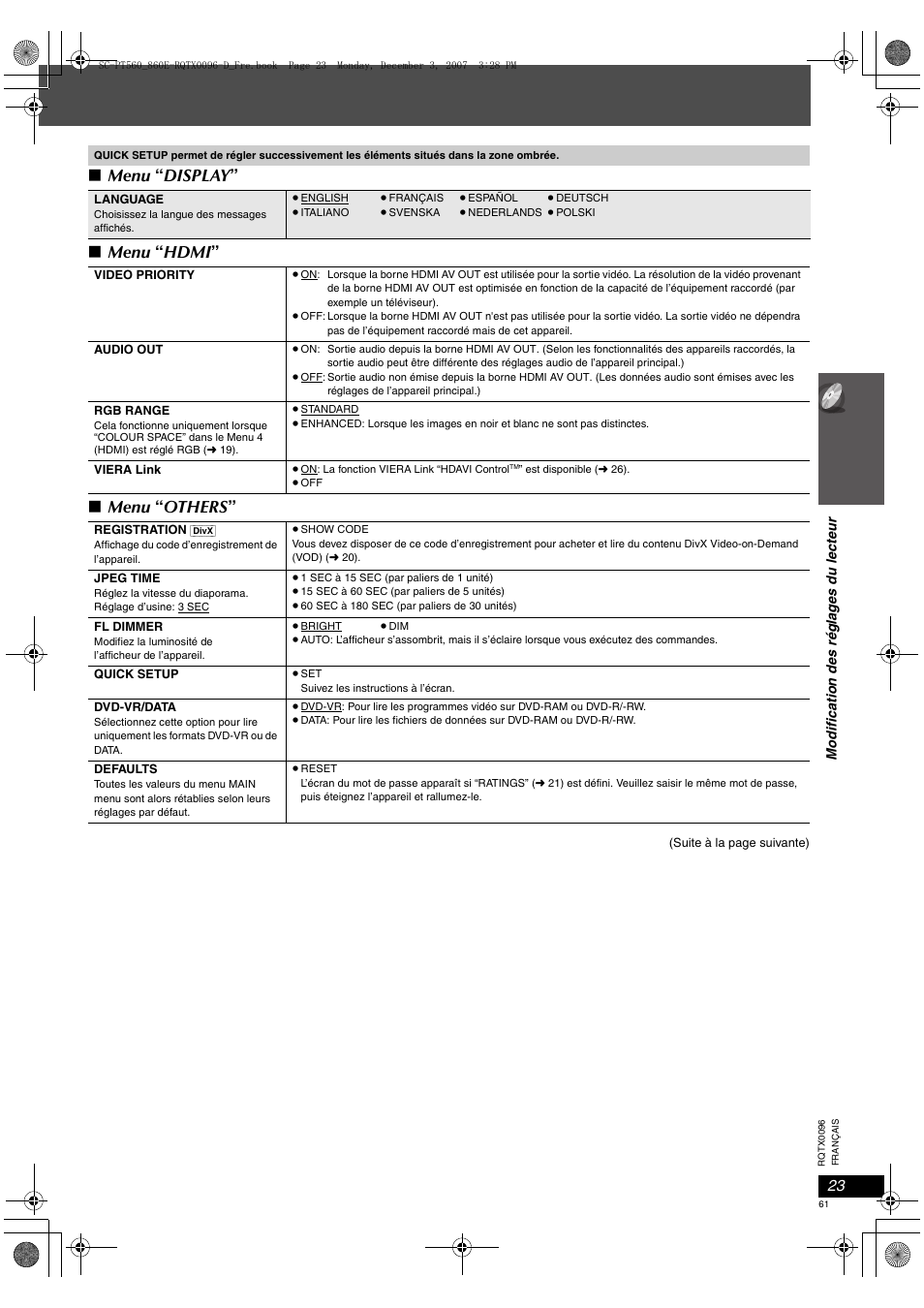 Menu “ display ” ∫ menu “ hdmi ” ∫ menu “ others | Panasonic SCPT560 User Manual | Page 61 / 116