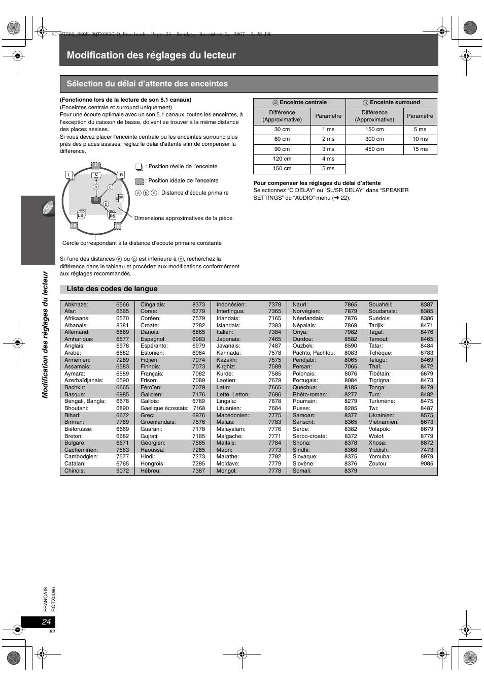 Modification des réglages du lecteur, Sélection du délai d’attente des enceintes | Panasonic SCPT560 User Manual | Page 62 / 116